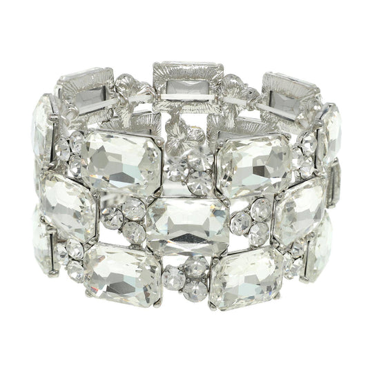 3-Row Rectangle Cut Crystal Gem Cluster Bracelet: Silver Crystal