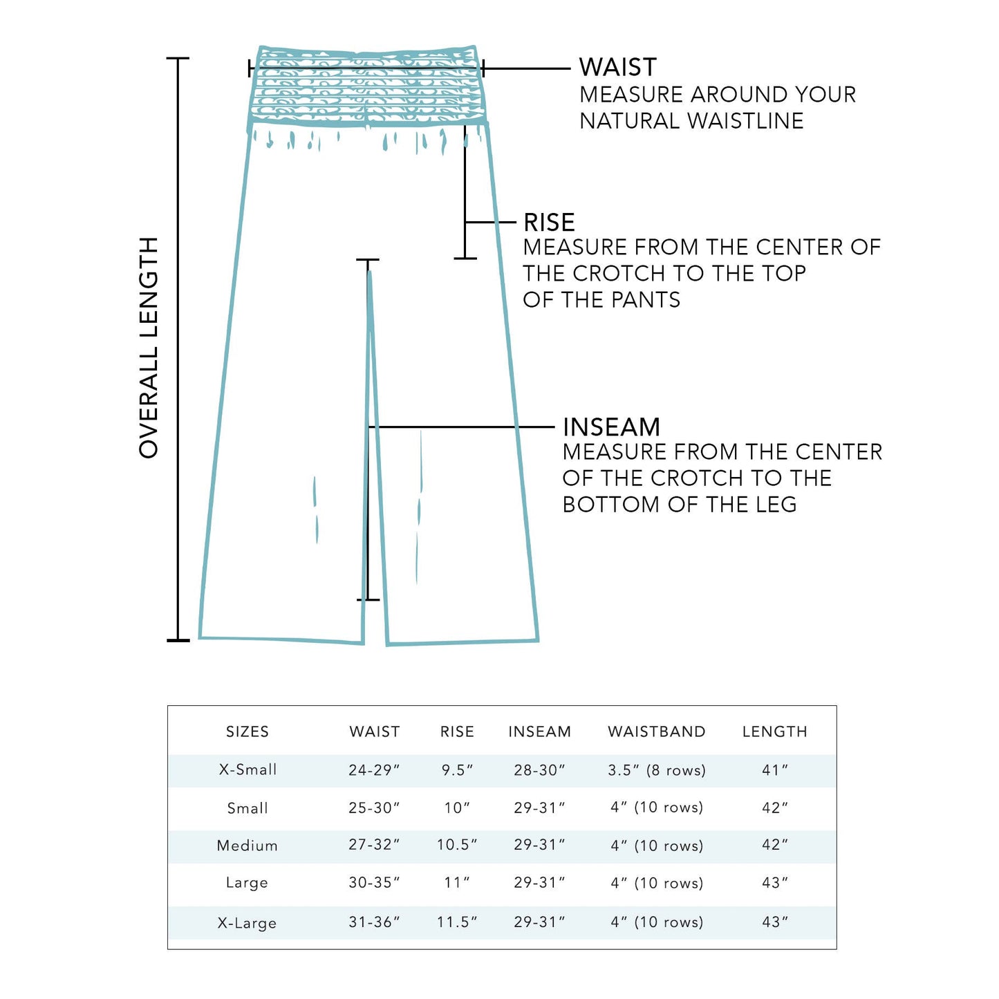 Stone Wide Leg Cotton Pants in S; displays measurement points and size chart for XS–XL with fit details.