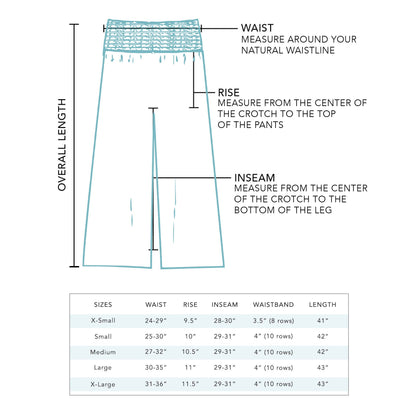Stone Wide Leg Cotton Pants in S; displays measurement points and size chart for XS–XL with fit details.
