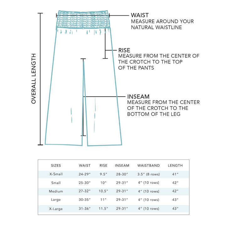 Stone Wide Leg Cotton Pants in S; displays measurement points and size chart for XS–XL with fit details.