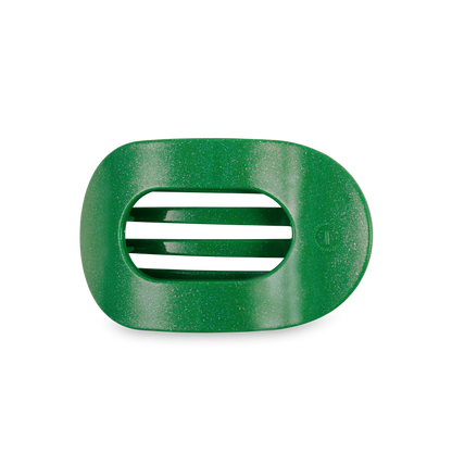 Green oval TELETIES Flat Round Hair Clip with horizontal black slats, available in small, medium, and large sizes.