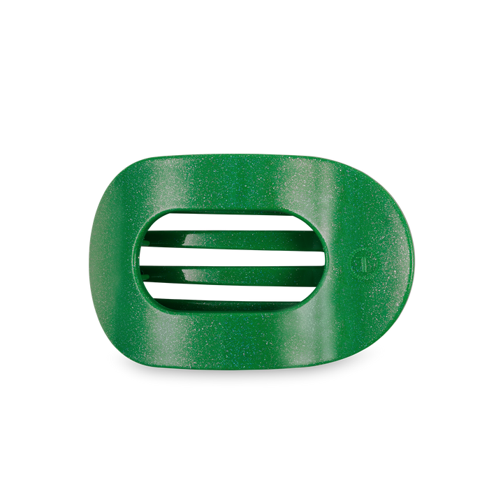 Green oval TELETIES Flat Round Hair Clip with horizontal black slats, available in small, medium, and large sizes.