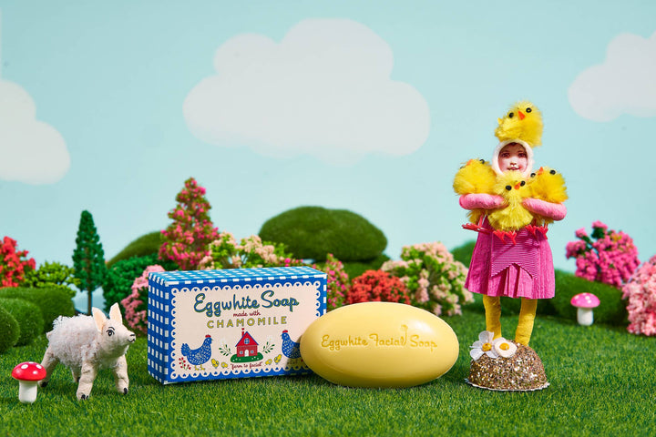 Eggwhite &amp; Chamomile Facial Soap with box; available in standard and large sizes.
