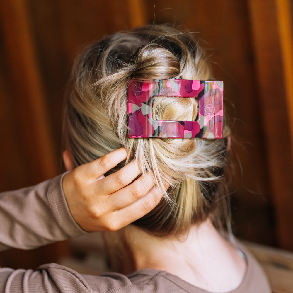 Garden Glam Medium Flat Rectangle Hair Clip with pink and green floral pattern secures hair in a twist; available in medium size.