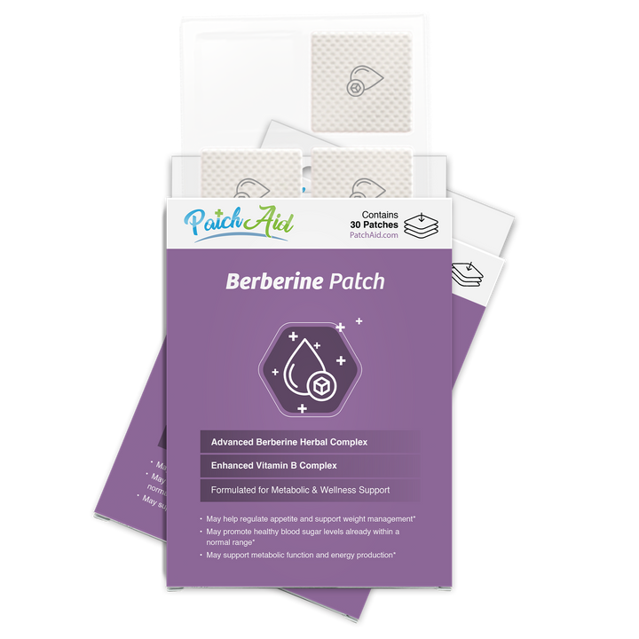 Berberine Patch – GLP-1 Support &amp; Appetite Control by PatchAid features a purple label with droplet and molecular icons, highlights herbal, plant-based ingredients and vitamin B complex. The box displays patches above it. Size information is not visible.