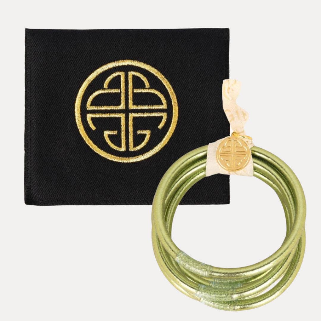 Limon All Weather Bangles® Set of 6 in metallic green with gold medallion, available in multiple sizes.