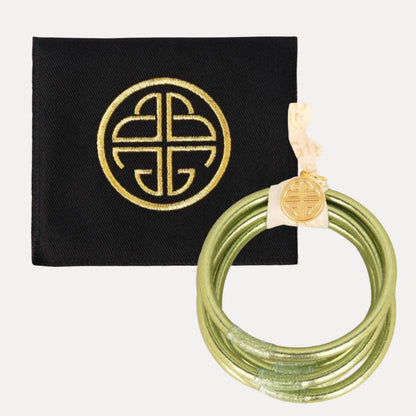 Limon All Weather Bangles® Set of 6 in metallic green with gold medallion, available in multiple sizes.