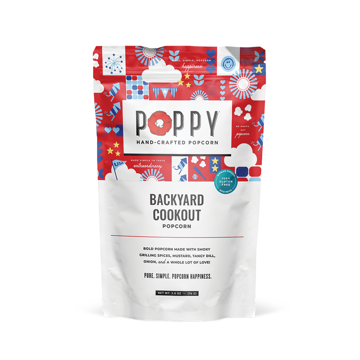 Backyard Cookout Popcorn in a red, white, and blue bag; savory grilled spice flavor. Sizes: Small, Medium, Large.