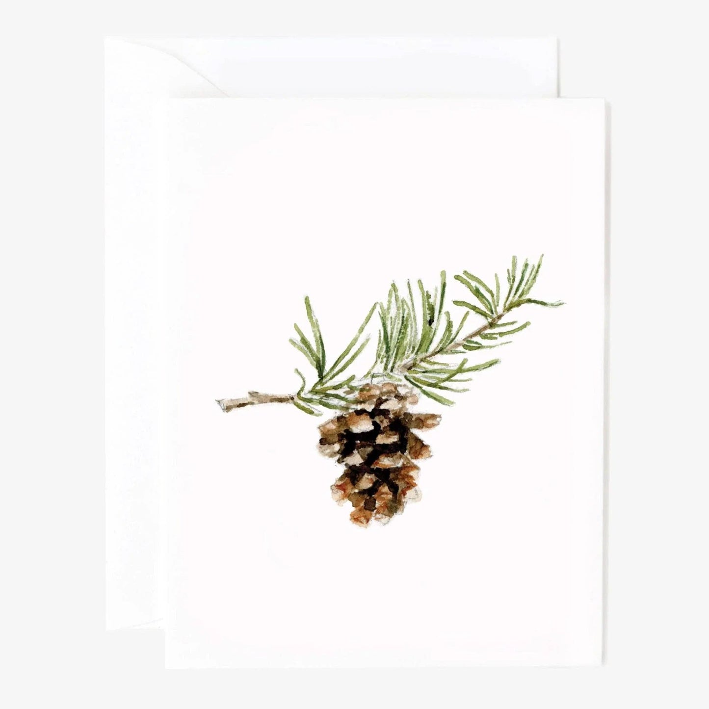 Blank notecard with a watercolor pinecone and green pine needles. Available sizes: 4 x 6 in, 5 x 7 in.