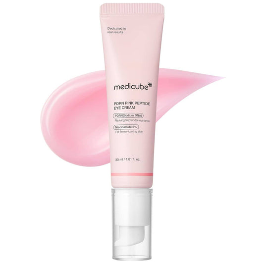 Pink MEDICUBE PDRN Pink Peptide Eye Cream with pump; contains niacinamide. Available in 15ml and 30ml sizes.