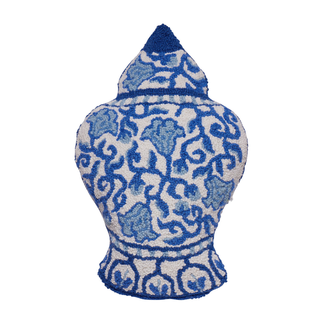 Shaped Chinoiserie Vase Hook Pillow with a blue and white floral wool hooked design.