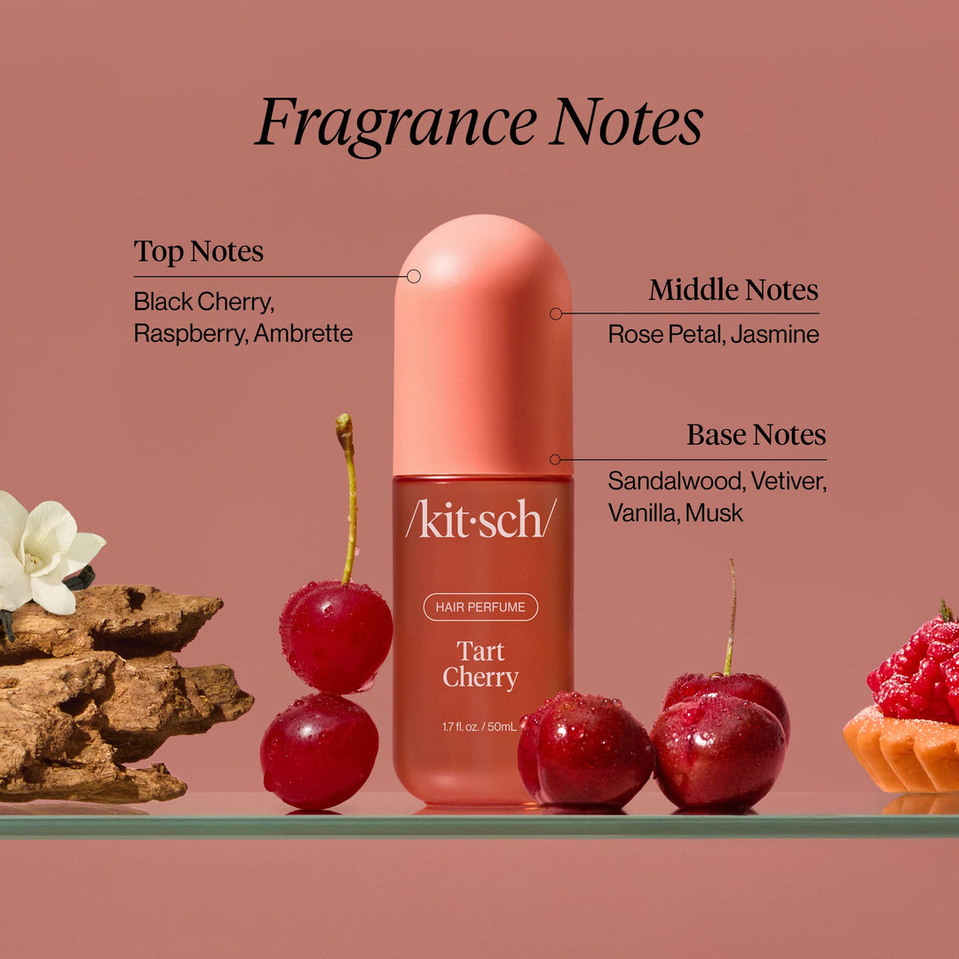 Kitsch Tart Cherry Hair Perfume, odor-eliminating, black cherry scent. Travel size shown. No other products visible.