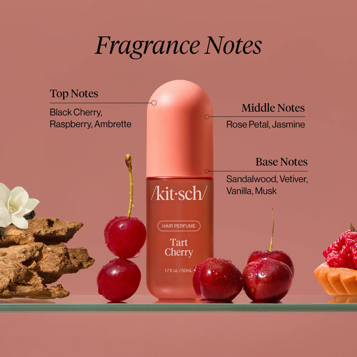 Kitsch Tart Cherry Hair Perfume, odor-eliminating, black cherry scent. Travel size shown. No other products visible.