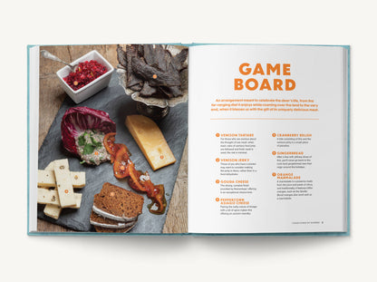 Open "Charcuterie by Number" cookbook, hardcover, 8x10 inches, with highlighted board recipe and ingredient list.