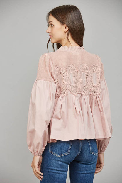 Lace Appliqué Detail Mixed Media Long Sleeve Blouse
