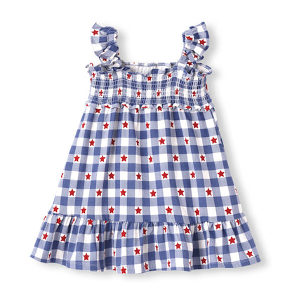 Girls’ summer dress, blue/white checks with red stars, ruffled straps/hem, smocked bodice, bamboo-cotton. Sizes: 2T-10.
