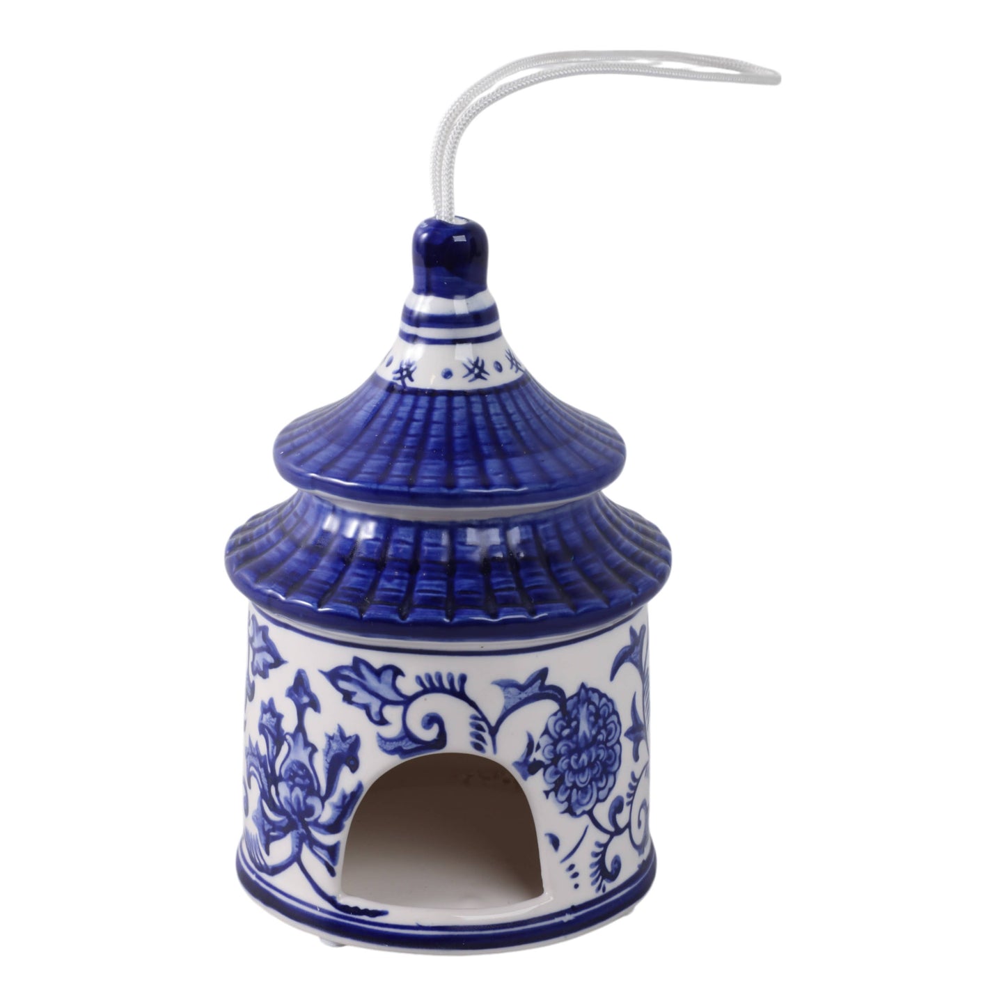 White/Blue 8x5 in. ceramic bird house with blue floral patterns, arched opening, and string loop for hanging.