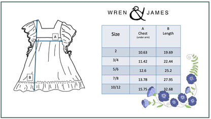Girls Pastel Rainbow Stripe Ruffles & Lace Spring Dress size chart, chest and length for sizes 2 to 10/12; dress diagram included.