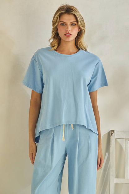 Effortless Blue Lounge Set: relaxed short-sleeve tee and drawstring pants. Sizes XS–XL.