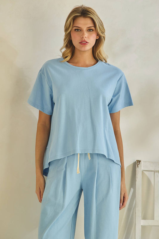 Effortless Blue Lounge Set: relaxed short-sleeve tee and drawstring pants. Sizes XS–XL.