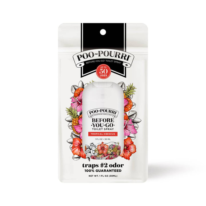 Poo~Pourri 1oz Pocket Sprayer, Tropical Hibiscus scent, white bottle with flowers, up to 50 uses. Comes with pouch.