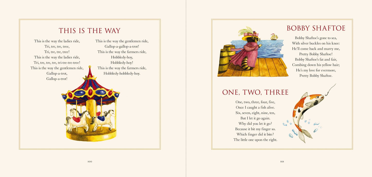 Classic Collection of Mother Goose Rhymes Illustrated" picture book, shows poems and illustrations; available in hardcover, 8”x10”.