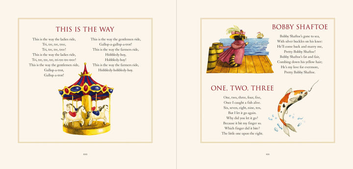 Classic Collection of Mother Goose Rhymes Illustrated" picture book, shows poems and illustrations; available in hardcover, 8”x10”.