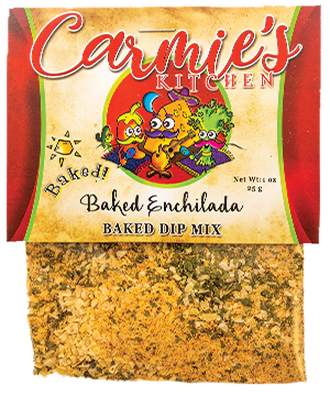 Baked Enchilada Dip Mix in a pouch with cartoon vegetable label and clear window; available in 6 oz and 12 oz sizes.
