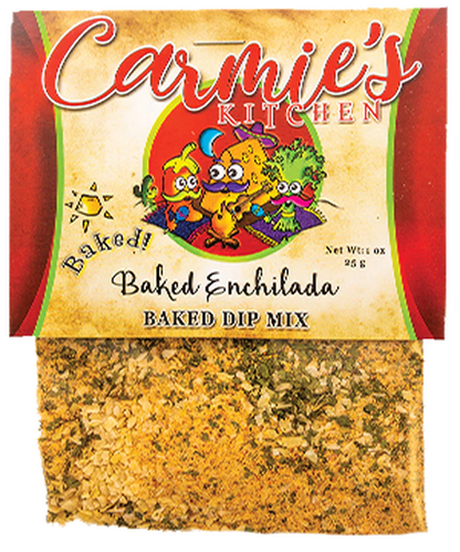 Baked Enchilada Dip Mix in a pouch with cartoon vegetable label and clear window; available in 6 oz and 12 oz sizes.