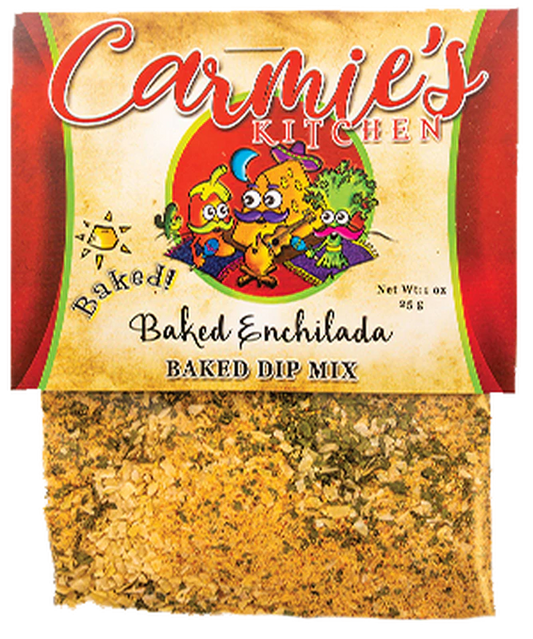 Baked Enchilada Dip Mix in a pouch with cartoon vegetable label and clear window; available in 6 oz and 12 oz sizes.