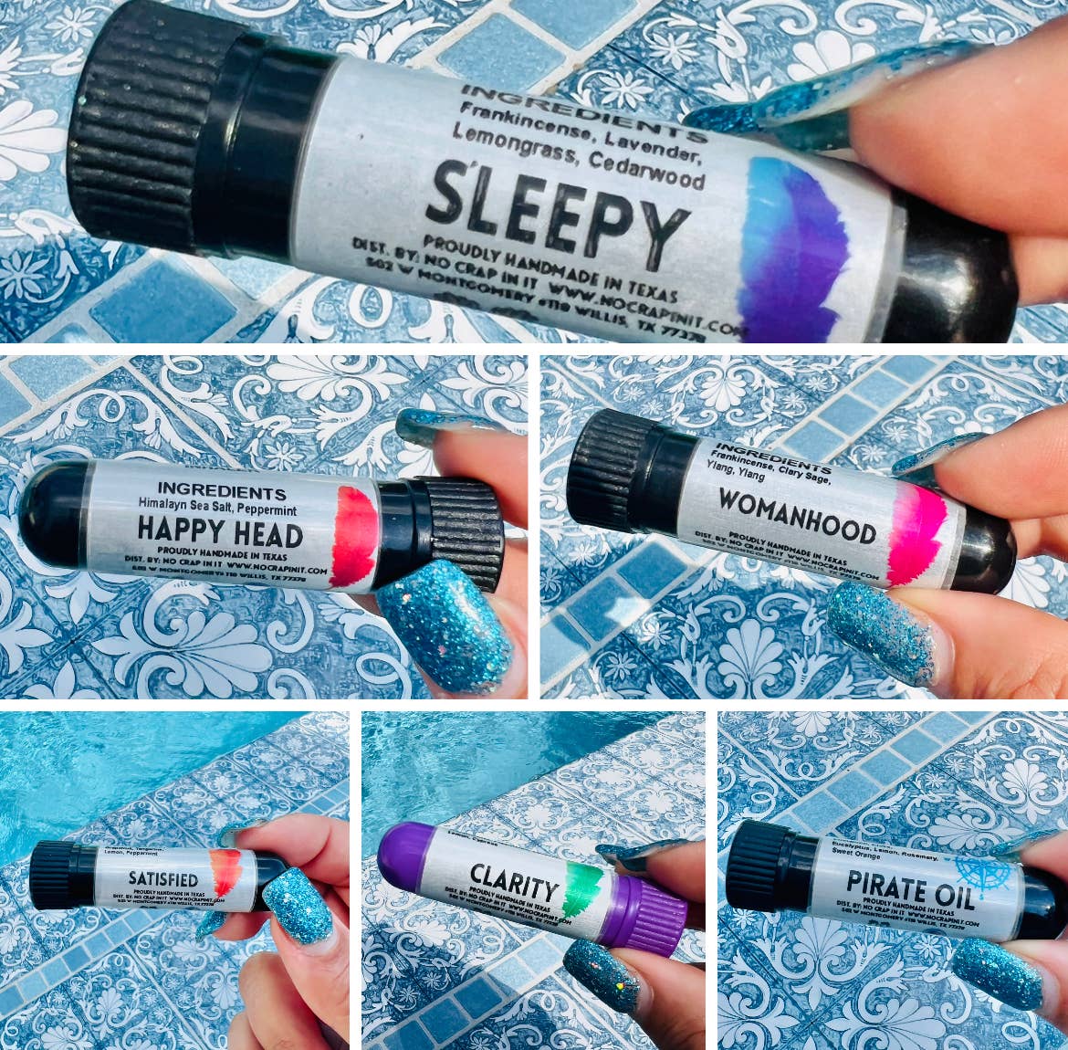 Essential oil rollers labeled "SLEEPY," "HAPPY HEAD," "WOMANHOOD," "SATISFIED," and "CLARITY." Sizes available.