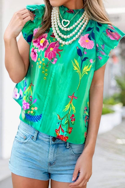 Floral Print Frilly Neck Blouse, available in sizes XS-XL.