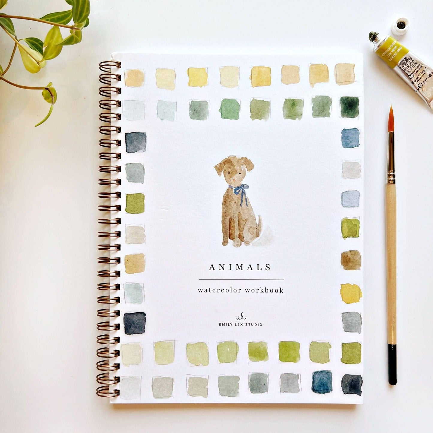 Animals Watercolor Workbook: spiral-bound, beginner-friendly guide with dog and colorful swatches on cover. Sizes available.