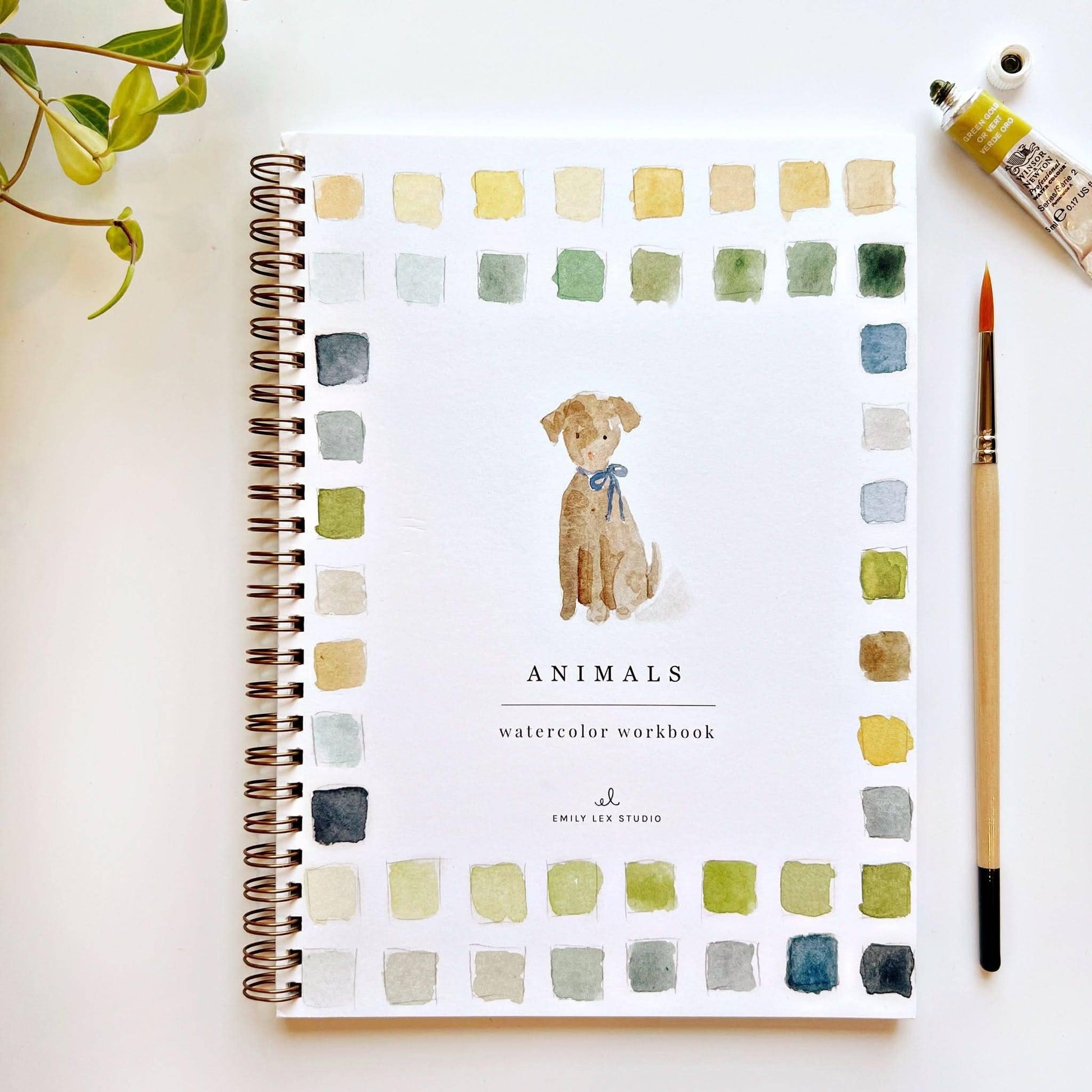 Animals Watercolor Workbook: spiral-bound, beginner-friendly guide with dog and colorful swatches on cover. Sizes available.