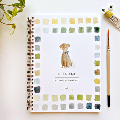 Animals Watercolor Workbook: spiral-bound, beginner-friendly guide with dog and colorful swatches on cover. Sizes available.