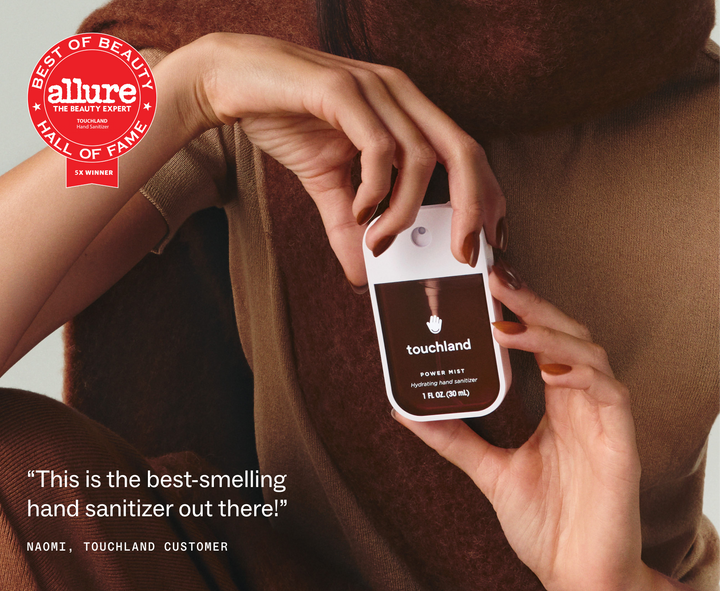 1 fl. oz. Salted Caramel Power Mist Hand Sanitizer, featuring an Allure Best of Beauty Hall of Fame badge and a customer testimonial quote.