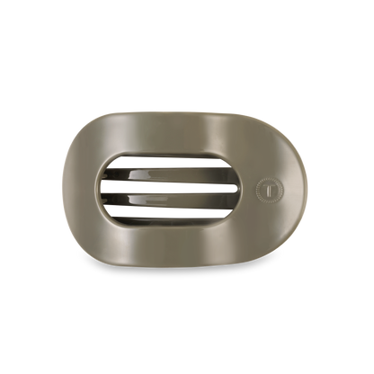 Oval taupe soap dish with three horizontal drainage slats and a small right-side circle. Available in multiple sizes.
