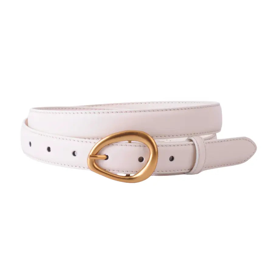 White leather belt with asymmetrical gold buckle, stitched edges, and multiple holes. Available in sizes S, M, L.