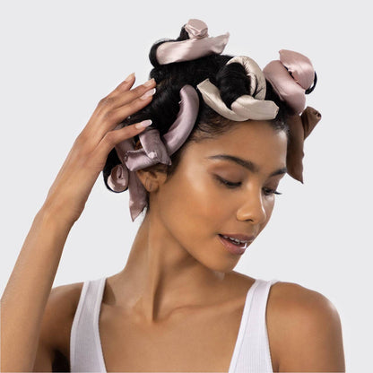 Satin Wrapped Flexi Rods - 6pc Set shown in use for heatless curls. Available sizes: small, medium, large.