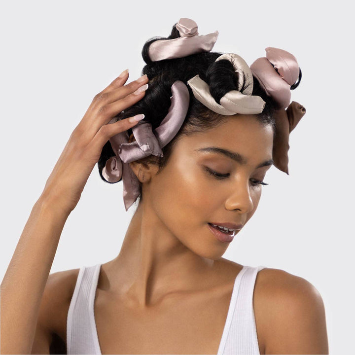 Satin Wrapped Flexi Rods - 6pc Set shown in use for heatless curls. Available sizes: small, medium, large.