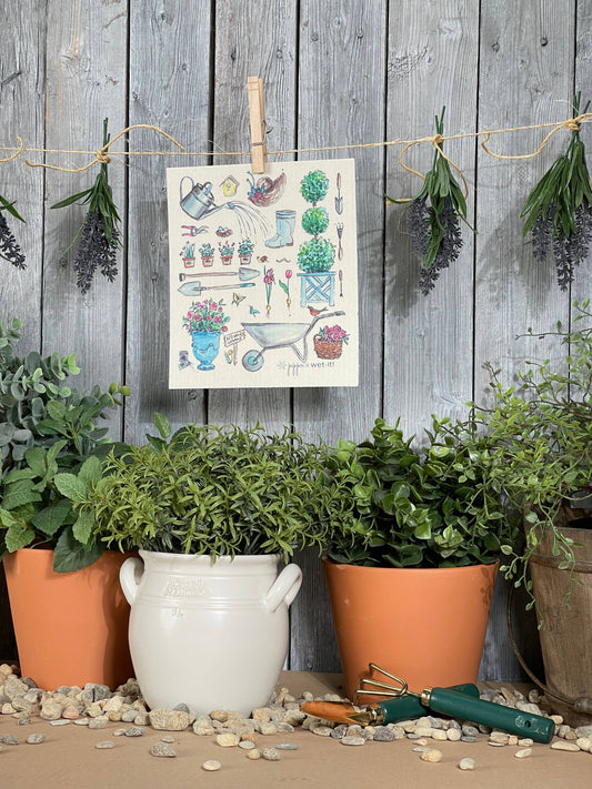 English Cottage Garden Swedish Cloth with garden-themed illustration; available in 6"x8" and 8"x10".
