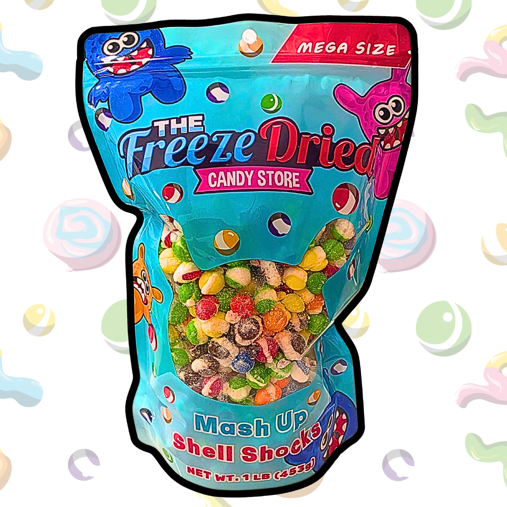4 oz bag labeled "Freeze Dried Shell Shocks: Sour Wild Berry" with crunchy, colorful freeze dried candy inside.