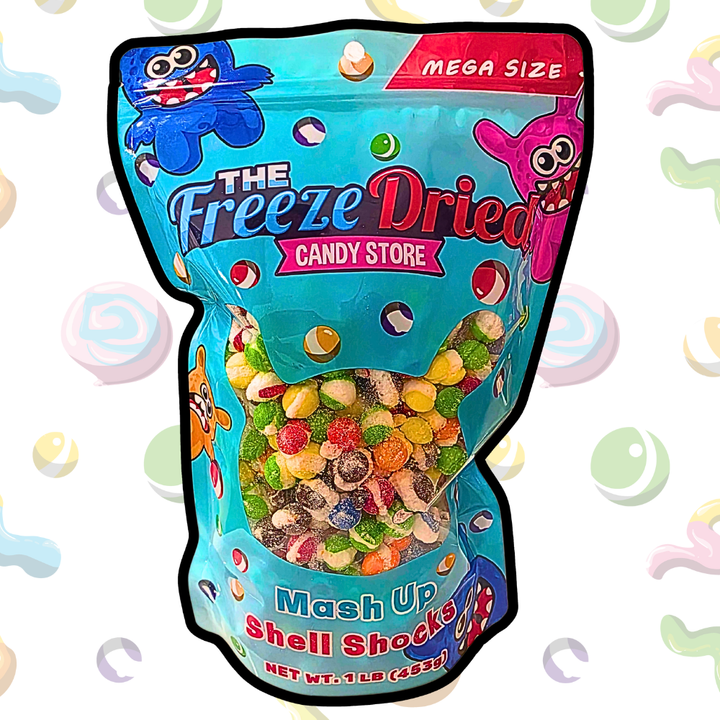 4 oz bag labeled "Freeze Dried Shell Shocks: Sour Wild Berry" with crunchy, colorful freeze dried candy inside.