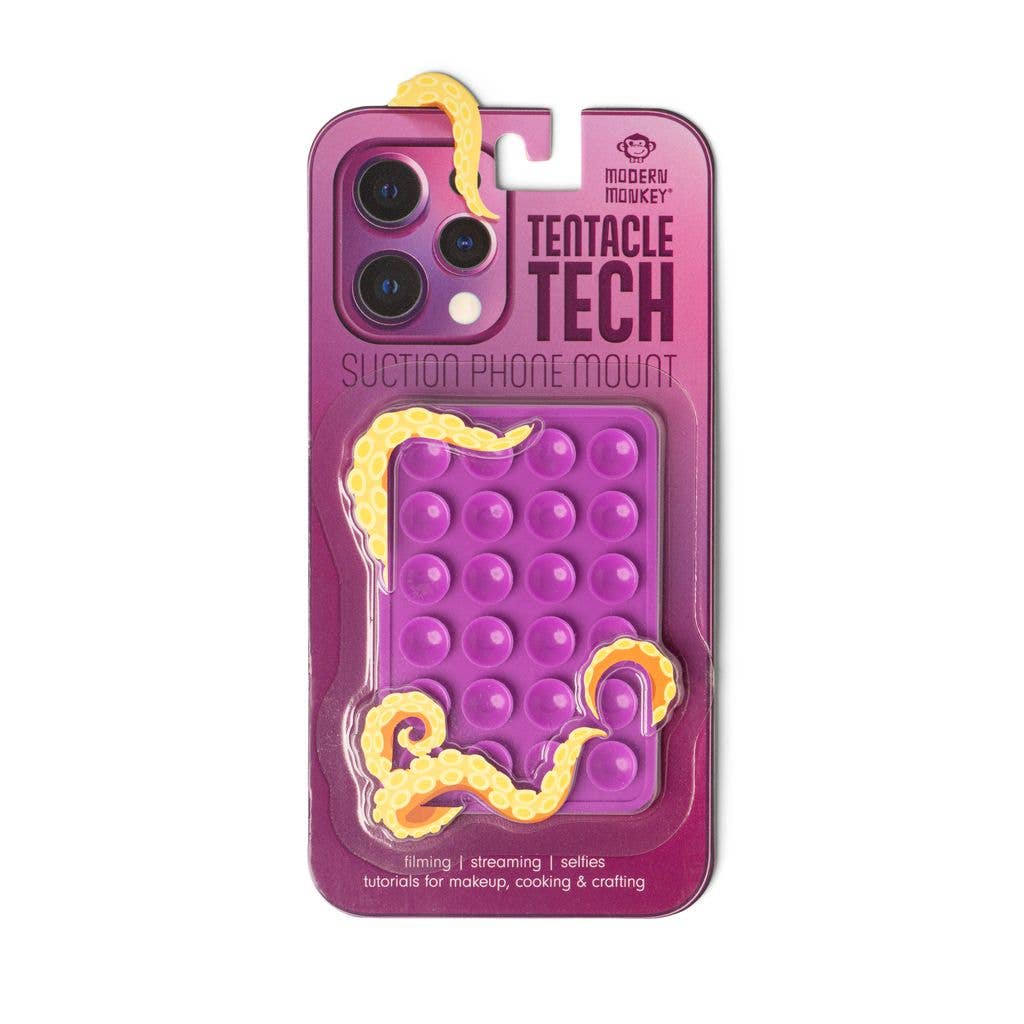 Purple pop-it grip phone mount with yellow tentacle accents; available in small, medium, and large sizes.