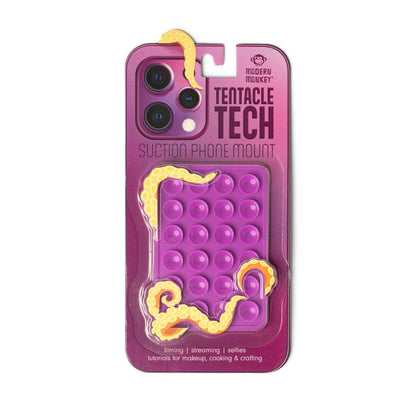 Purple pop-it grip phone mount with yellow tentacle accents; available in small, medium, and large sizes.