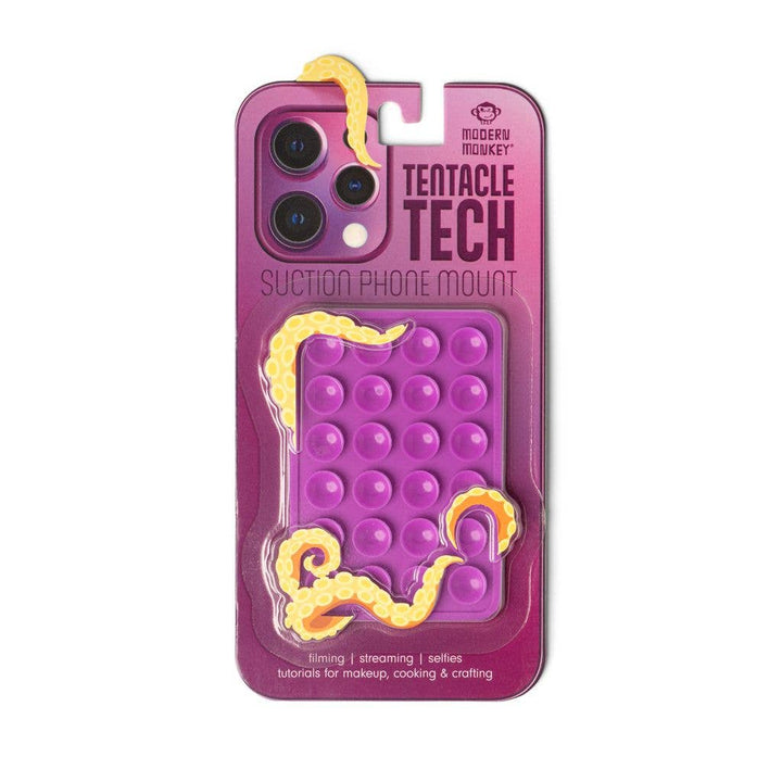 Purple pop-it grip phone mount with yellow tentacle accents; available in small, medium, and large sizes.