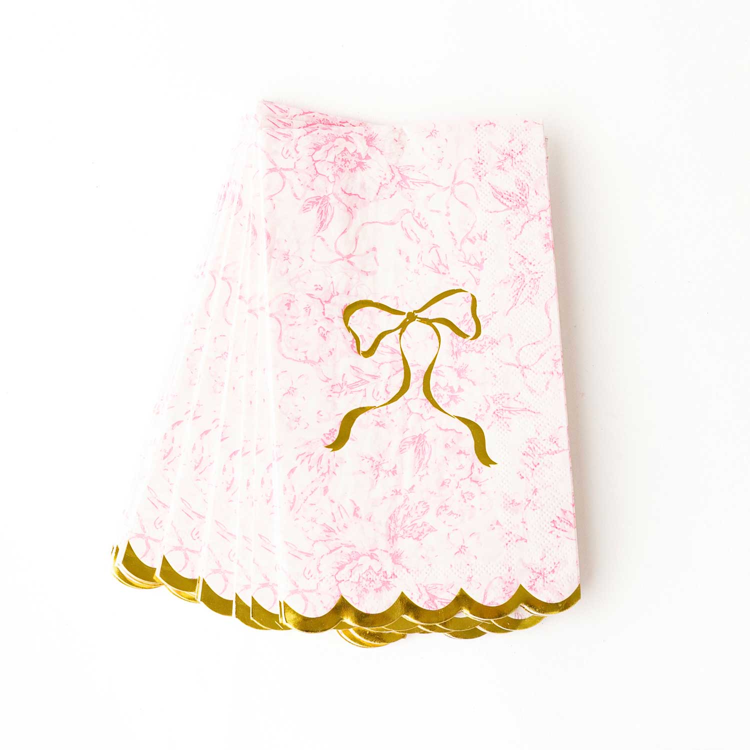 Pink Bow Toile Paper Guest Towel Packs with pink florals, gold bow center, foil scalloped edges. Sizes: standard guest towel.