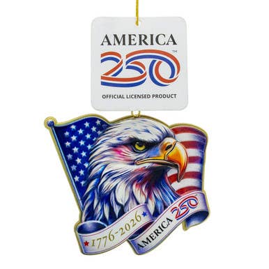 3-D Eagle Head With Flag Ornament featuring a bald eagle, American flag, and banners reading "1776-2026" and "America 250," with “AMERICA 250 Official Licensed Product” tag. Sizes available: [Specify available sizes].