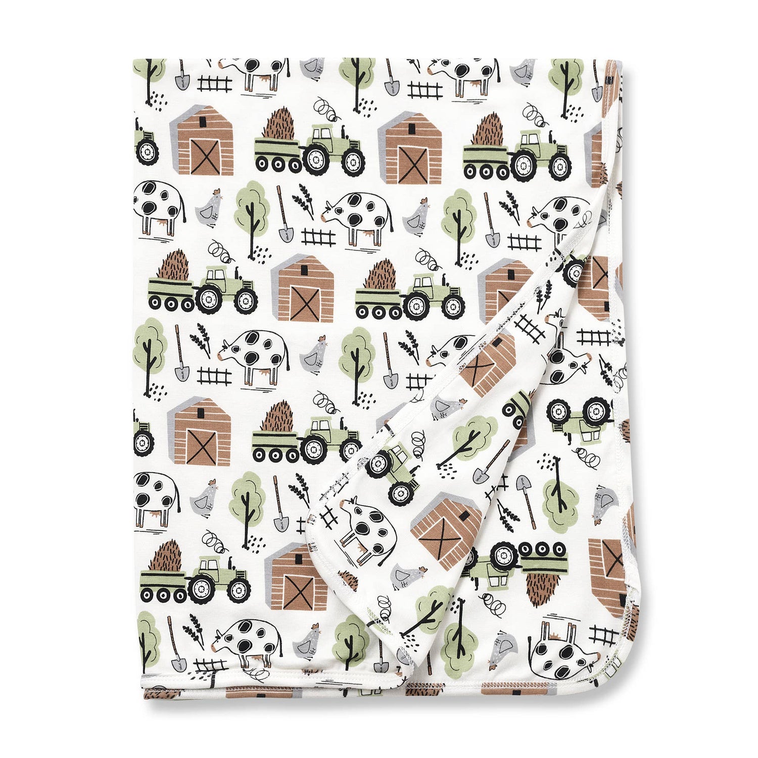 White, hypoallergenic stroller blanket with farm print in earthy tones, neatly folded. Available sizes: 30"x40", 40"x60".