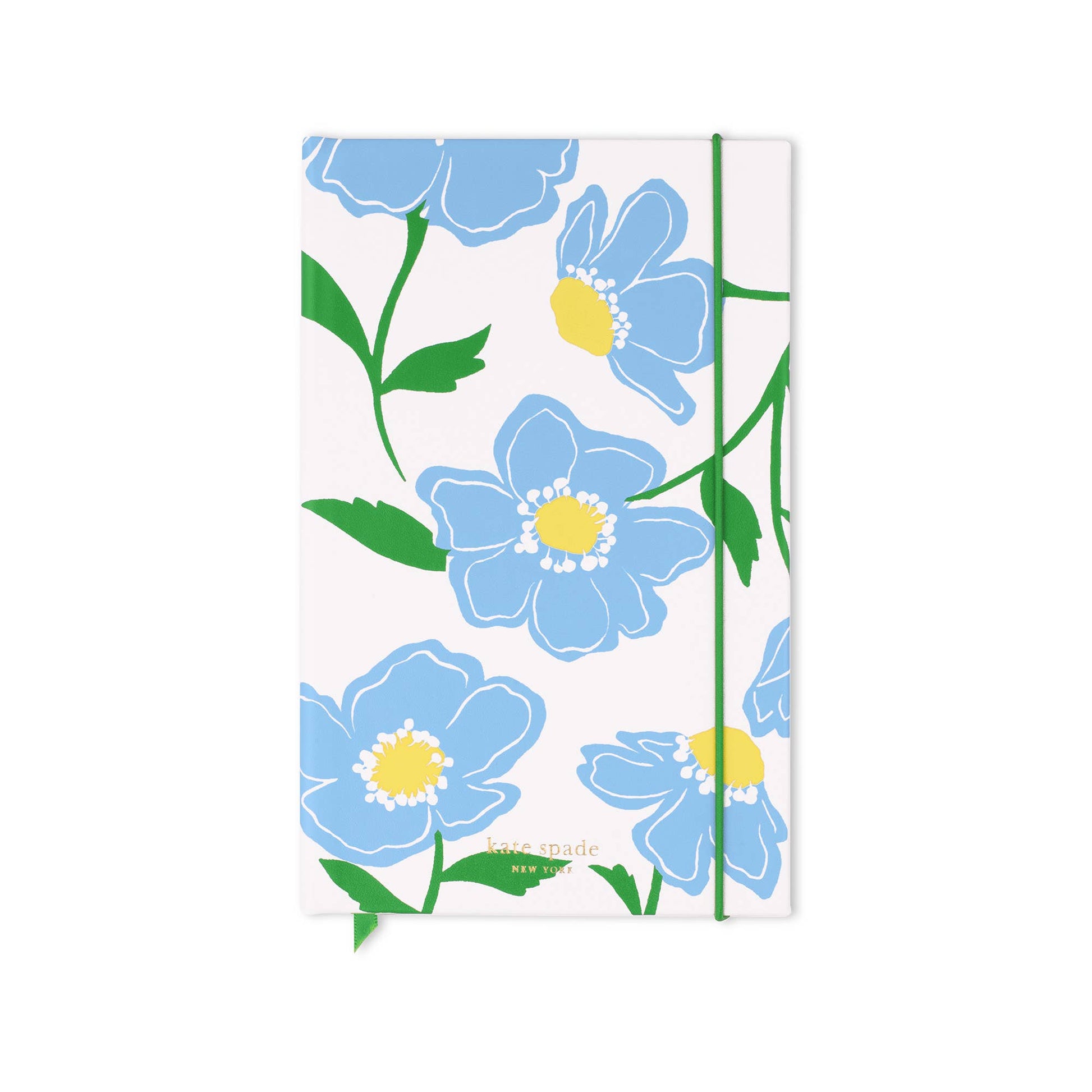 Large notebook with white cover, blue/yellow flowers, green stems, lined pages, green elastic. Sizes available: Large.